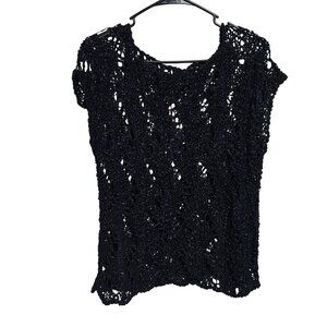 Handmade Black Crochet Knit Top Womens Size XL Short Sleeve Lightweight Layering